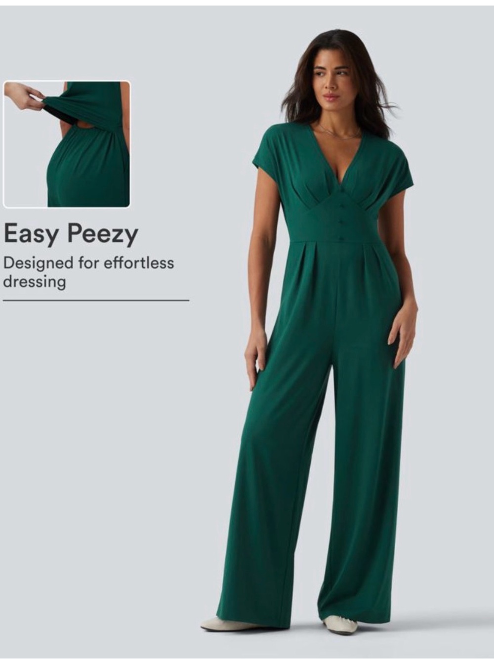 Halara V-Neck Easy Peezy Wide-Leg Jumpsuit - Forest Green
